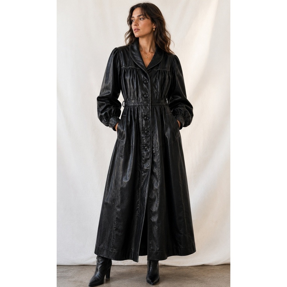 Women's VTG Black Leather Maxi Trench Duster Coat Balloon Sleeve Gothic Large